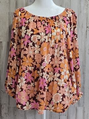 Sanctuary Seashore Pink Orange Floral Tiered 3/4 Sleeve Peasant Blouse Size XL